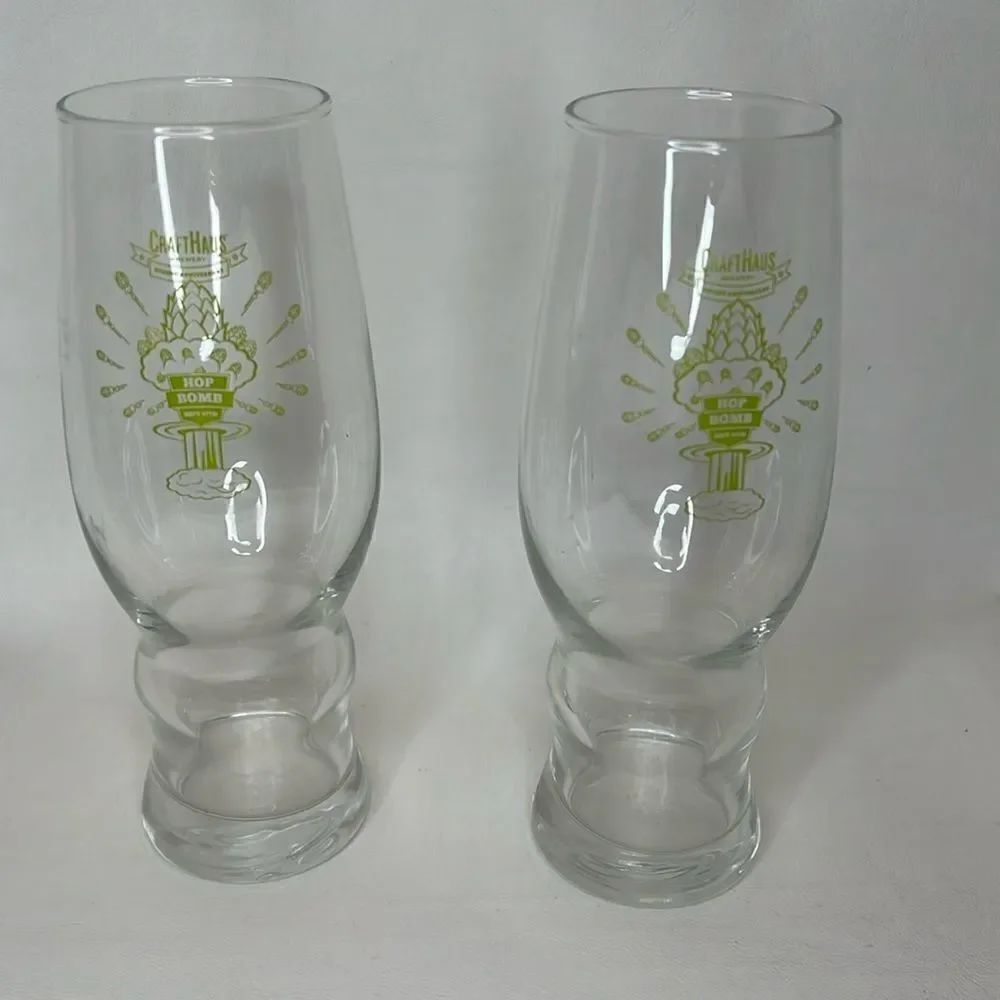 Craft Haus Beer Bomb Glasses 16 Oz Set Of 2 Clear Green Writing 7 1/2 Tall